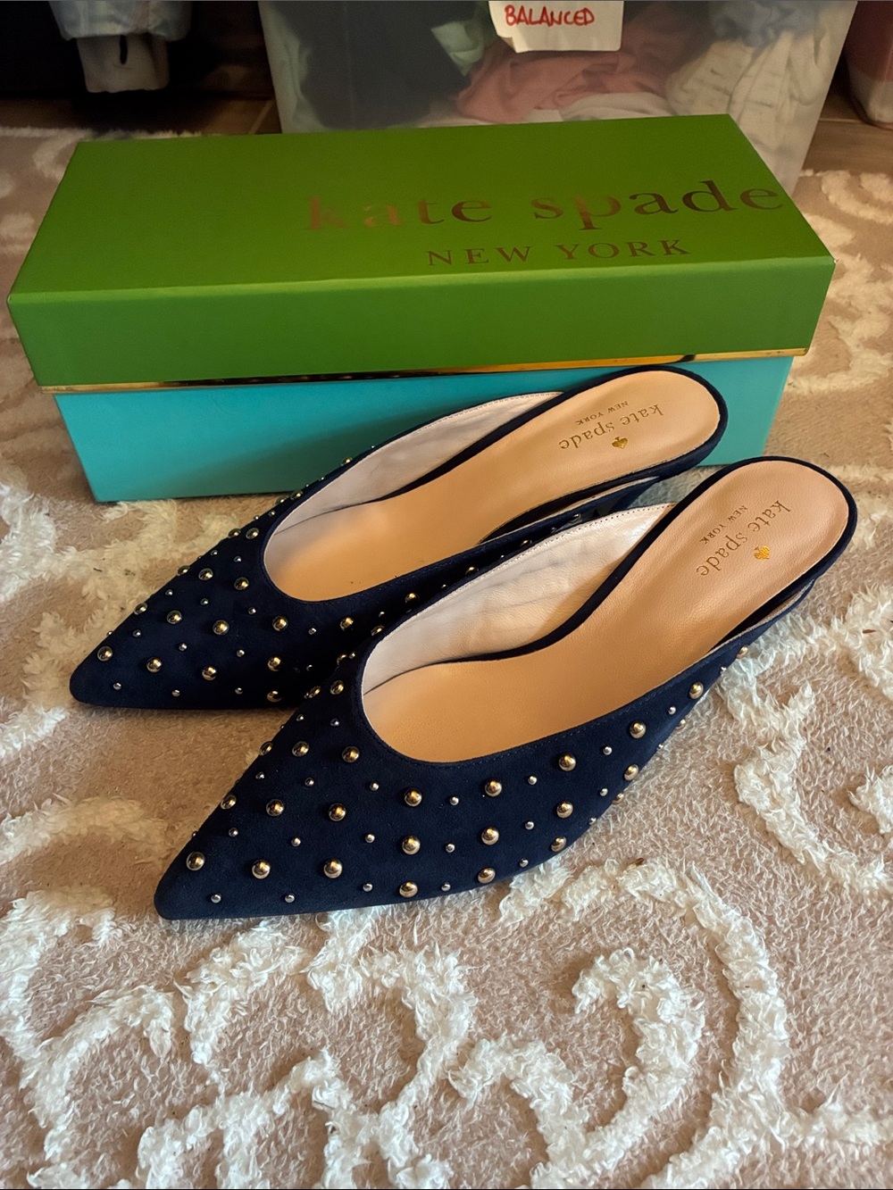 kate spade navy studded pointed mules with gold-tone studs